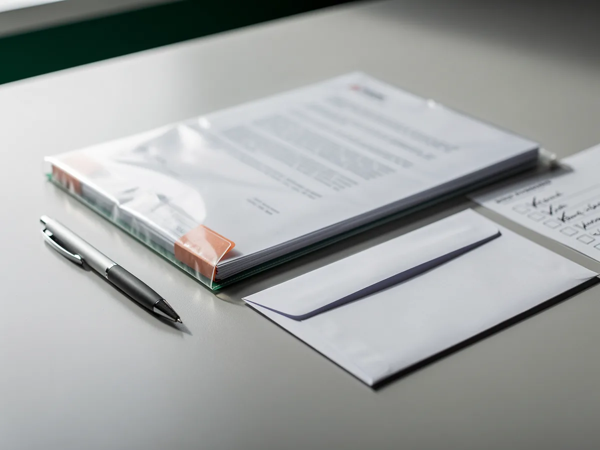 Složen paket dokumenata u prozirnoj foliji, kuverta i popis za provjeru s kvačicama